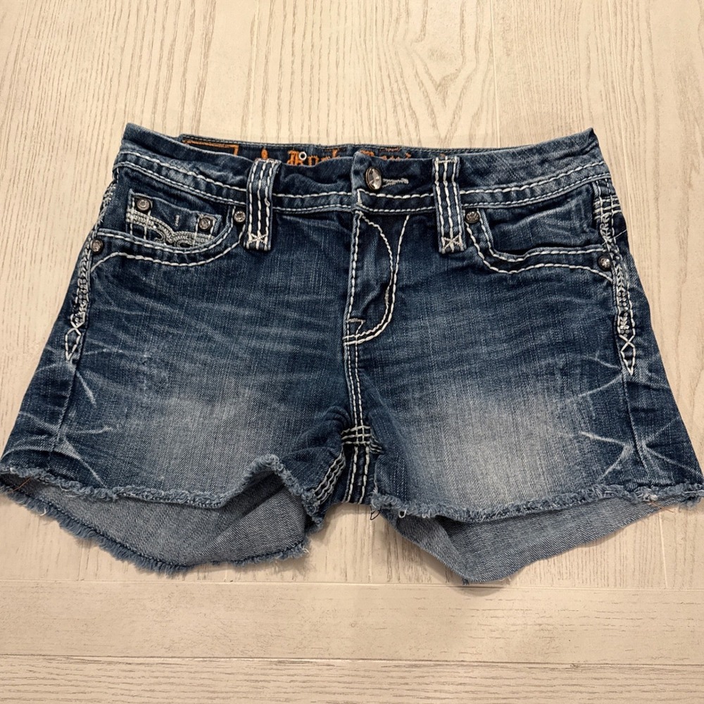 Rock Revival Women 26 Charon Mid Curvy Short Cut-off Denim Blue Jean Embellished